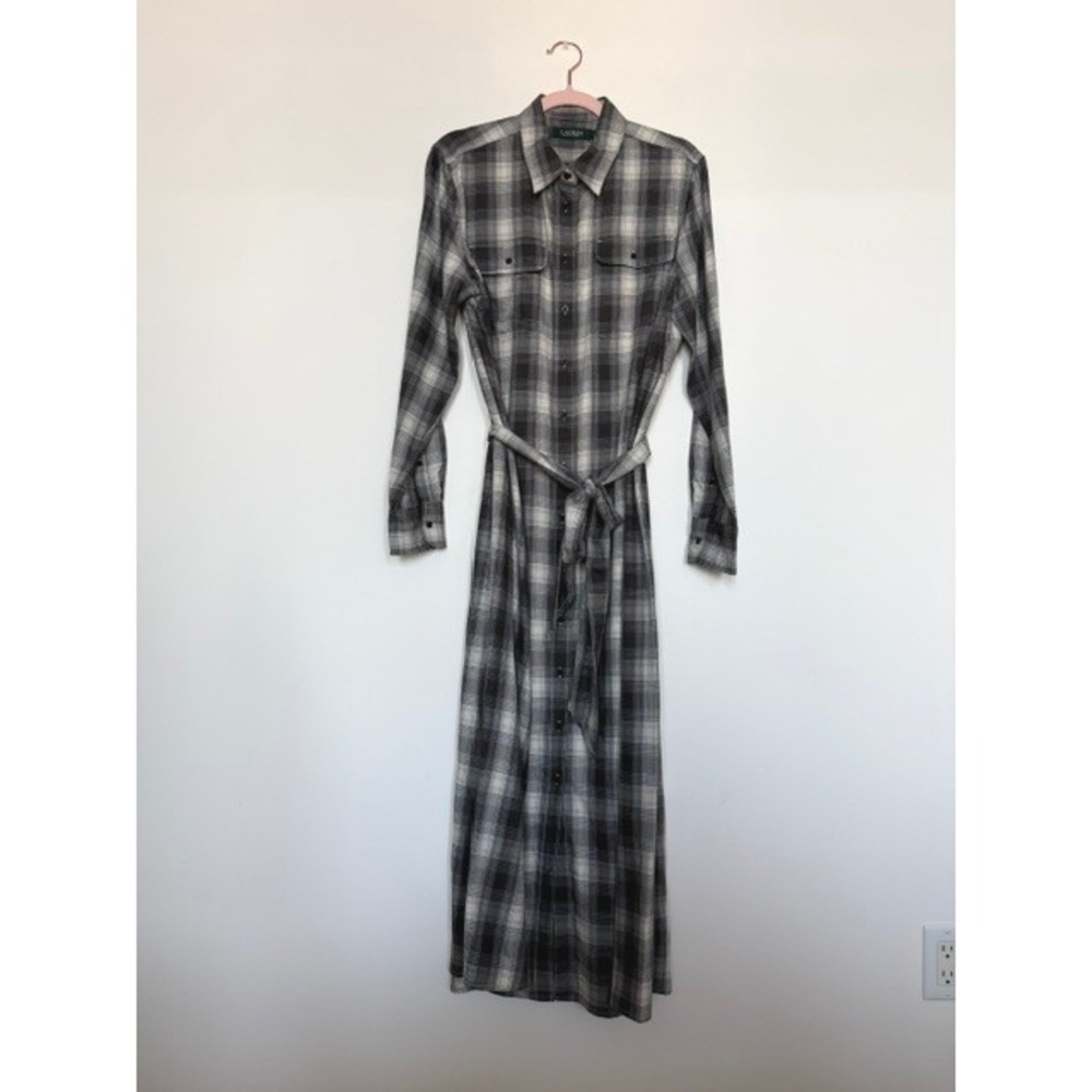 Lauren Ralph Lauren Grey Plaid Flannel Shirt Dress | Belted Maxi| Size 12